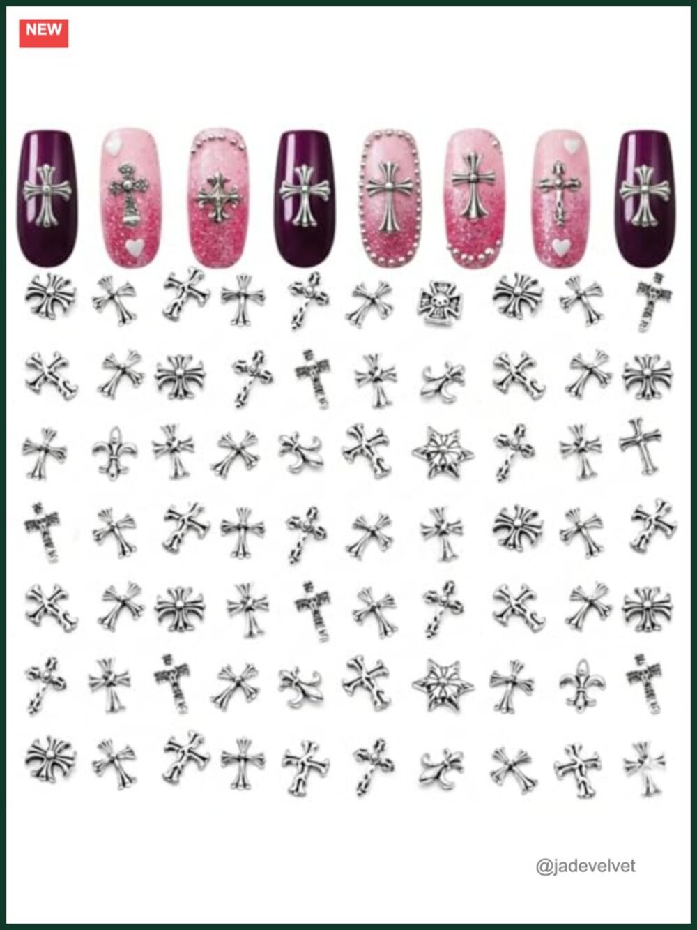 120 Pcs Silver Cross Nail Charms 3D Acrylic Chrome Nail Art Decor